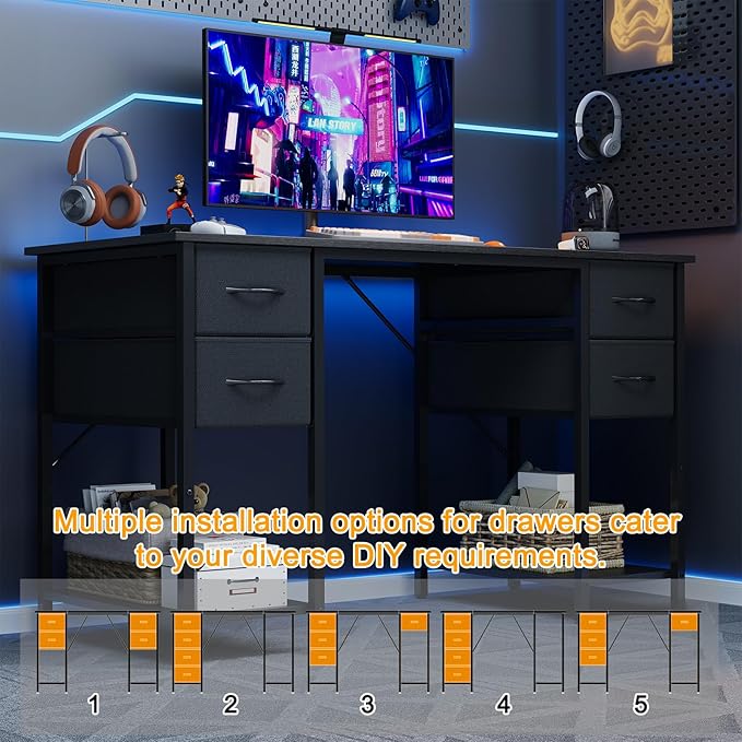 Grandder Computer Desk with 4 Drawers 47 Inch Office Desk with Storage Gaming Desk with CPU Shelves Writing Desk Work Desk for Home Office Study Bedroom Work from Home Black