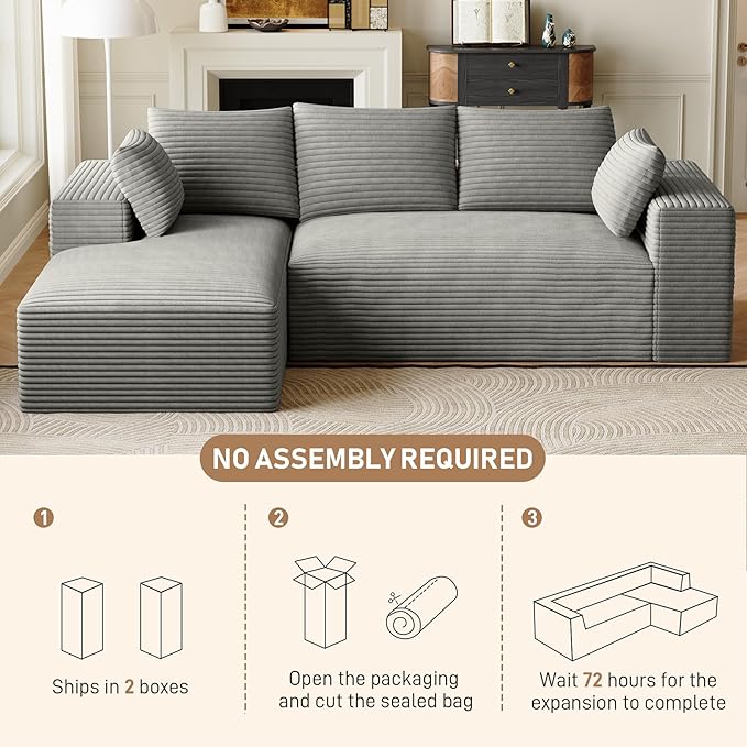 107 Sectional Couches for Living Room Comfy L Shaped Boneless Couches Modern Deep Seat Modular Sofa Cloud Corduroy Couch with Left Facing Chaise No Assembly Needed Light Grey