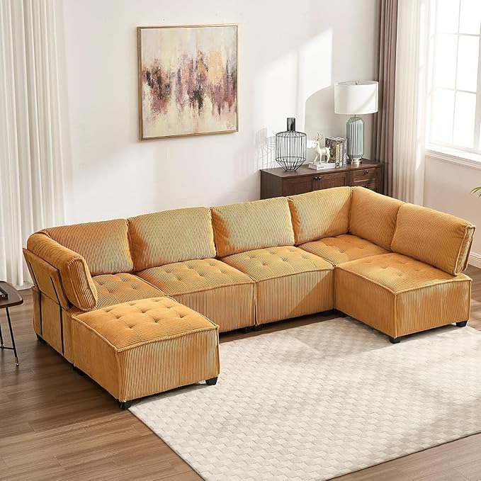 121 Inch Cloud Oversized Modular Sectional Sofa U Shaped Modular Couch with Reversible Chaise Comfy 6 Seat Convertible Sectional Sofa with Ottoman for Living Room Mustard Yellow