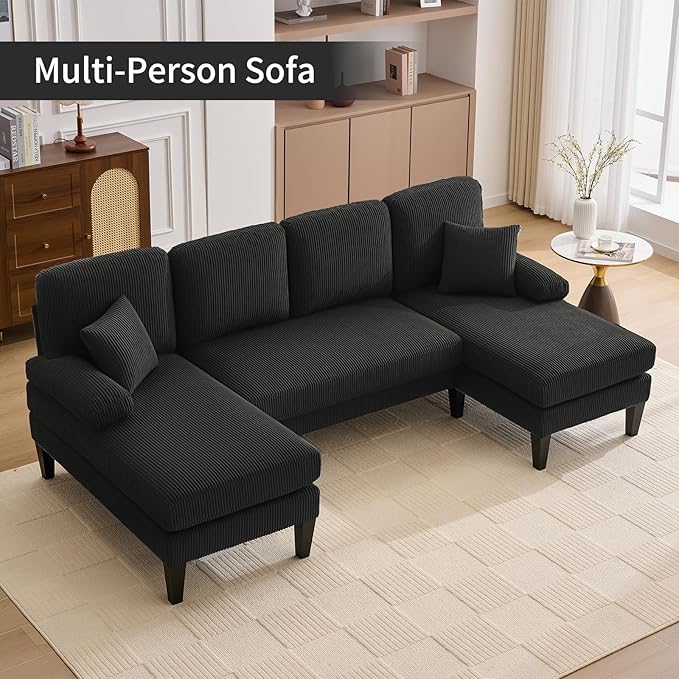 98 U Shaped Couch with 18 Seat Height Sectional Couches for Living Room 4 Seater Couch Set with Double Chaise for Apartment Living Room Sofas Corduroy Black