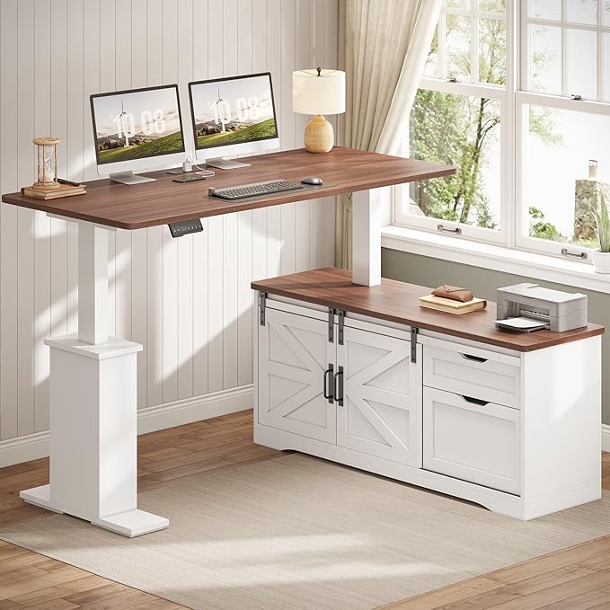 SEDETA Farmhouse L Shaped Standing Desk 55 inch Height Adjustable Corner Desk with Storage Drawers Standing Computer Desks with Power Outlets for Home Office White