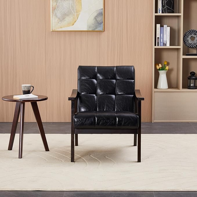 Furniliving Upholstered PU Leather Accent Chair Living Room Tufted Arm Chair with Solid Wood Frame Wingback Lounge Armchairs for Bedroom Reading Room Indoor &amp Outdoor Retro Black