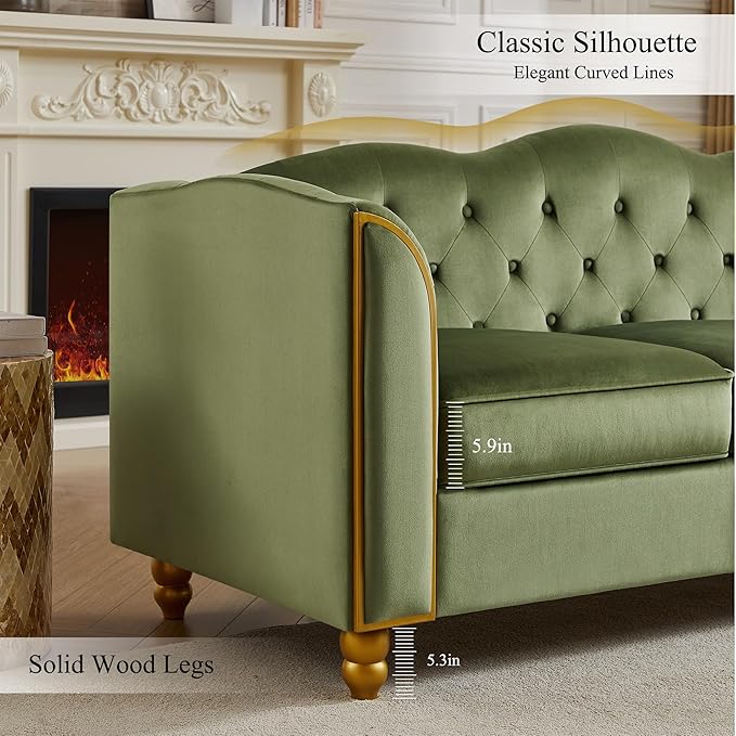 HITHOS 78 Velvet Sofa Couch Soft 3 Seater Sofa Couche for Living Room Button Tufted Comfy Couch Modern Sofa with Upholstered Cushion Gold Trim Solid Wood Legs for Dorm Bedroom Apartment Green