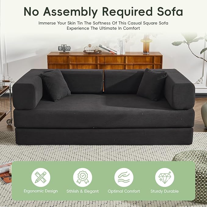 4-in-1 Folding Convertible Sofa Bed King-Size Corduroy Sleeper with No Assembly Oversized Floor Couch for Living Room Bedroom and Guest Room