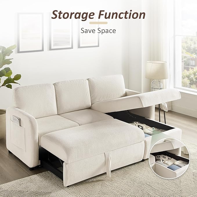 84-inch Sleeper Sofa Bed L-Shaped Corner Reversible Sleeper Sectional Sofa with Storage Chaise 2 in 1 Cloud Terry Convertible Pull Out Couch for Small Space Bedroom Apartment Office Living Room