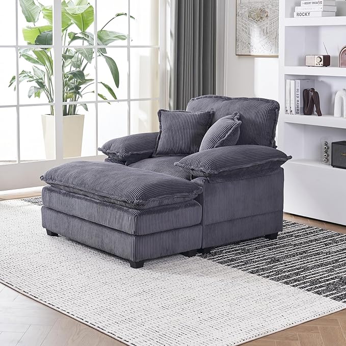 Oversized Chaise Lounge Indoor 56.3 Big Comfy Modern Sleeper with Removable Ottoman Wide Armrest and 2 Pillows Corduroy Couch with Deep Seat Lounge Chair for Living Room Reading Bedroom (Grey)