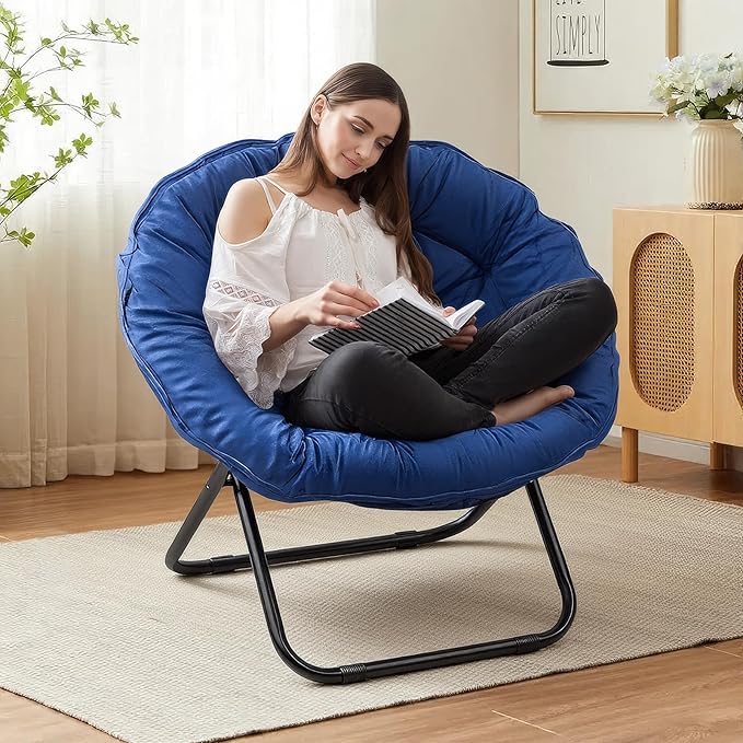 Folding Saucer Chairs for Living Room Circle Chairs with Faux Fur Moon Saucer Chairs for Adults Dorm Reading (Blue)