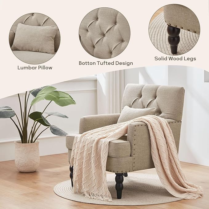 HUIMO Tufted Club ChairAccent Chair with Lumbar Pillow Upholstered Button Armchair Linen Fabric Sofa Chairs for Bedroom Living Room Mid Century Modern with Studded Reading Chair Brown