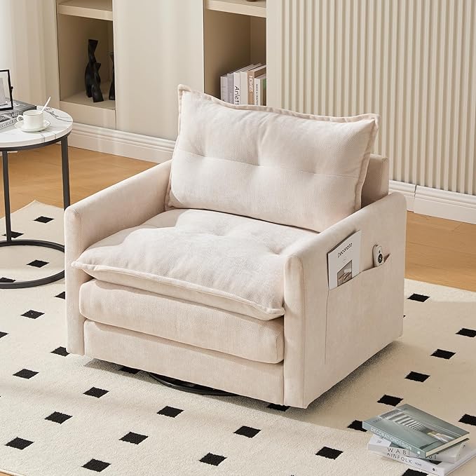 Oversized Swivel Barrel Accent Chair Chenille Comfy Cloud Sofa Chair with Large Seat and Upholstered Armrests Modern Extra Wide Armchair Reading Chairs for Bedroom Living Room (Beige)