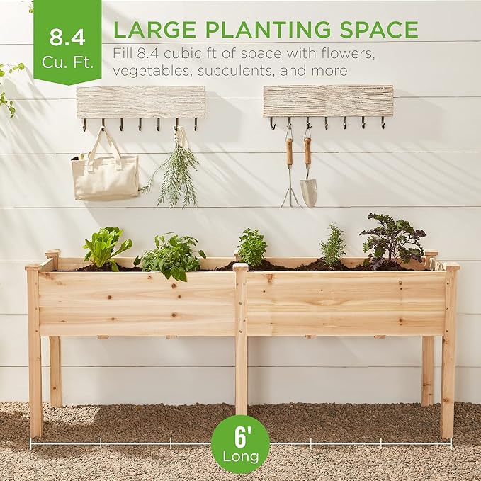 Best Choice Products 72x24x30in Raised Garden Bed Elevated Wood Planter Box Stand for Backyard Patio Balcony w/Divider Panel 6 Legs 300lb Capacity - Natural