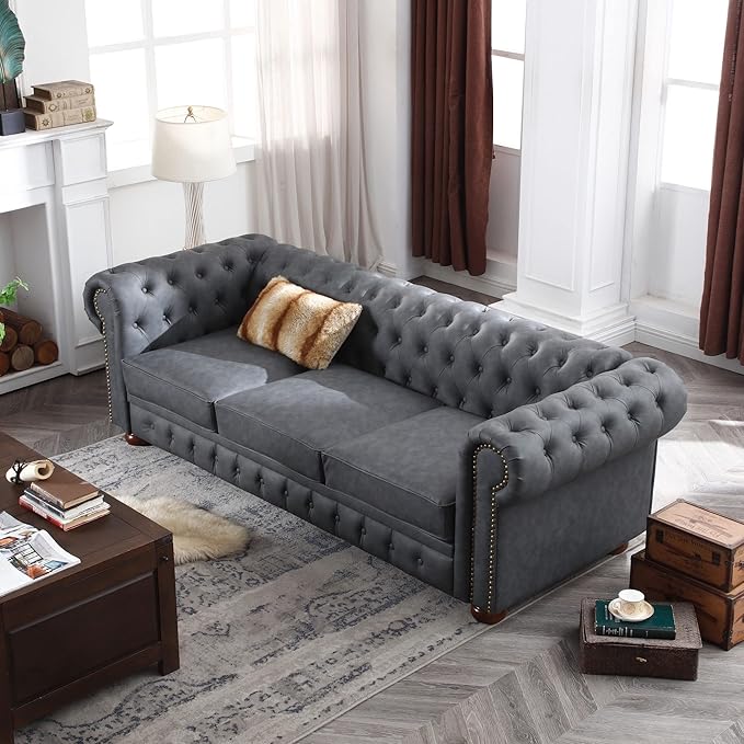 Harper &amp Bright Designs Faux Leather Upholstered 3-Seater Living Room Sofa with Button and Copper Nail on Arms Classic Chesterfield Sofa Dark Grey