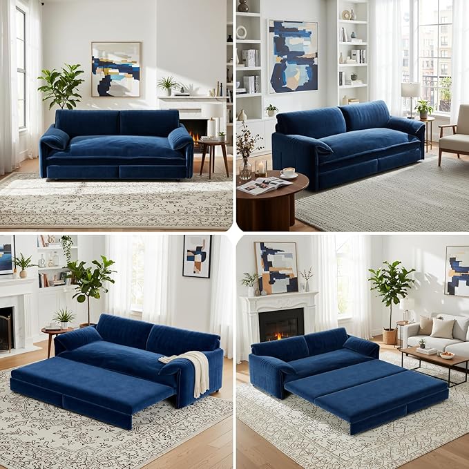 Homy Casa 66 3-in-1 Convertible Sofa Bed Queen Size Pull-Out Bed with Side Storage Velvet Loveseat Modern Sleeper Sofa for Living Room Office or Guest Room (Blue)