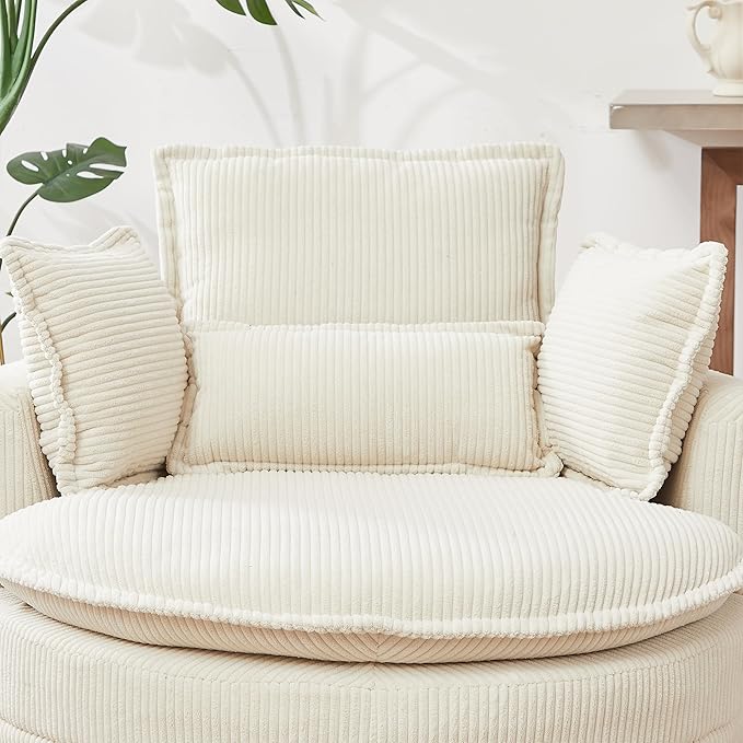 Modern Swivel Chair 38 W Oversized Swivel Chair with Moon Storage Ottoman Accent Round Loveseat Circle Swivel Barrel Chairs with 4 Pillows Cuddle Sofa Chair Lounger Armchair (Beige * 99)