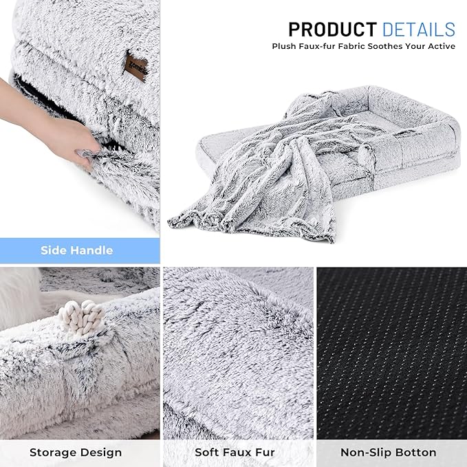 Human Dog Bed for Adult 2 in 1 Foldable Giant Dog Bed for People Fits Pet Families Egg Foam Supportive Mat Waterproof Liner Faux Fur Human Size Pet Bed with Blanket 71x43x10 Grey