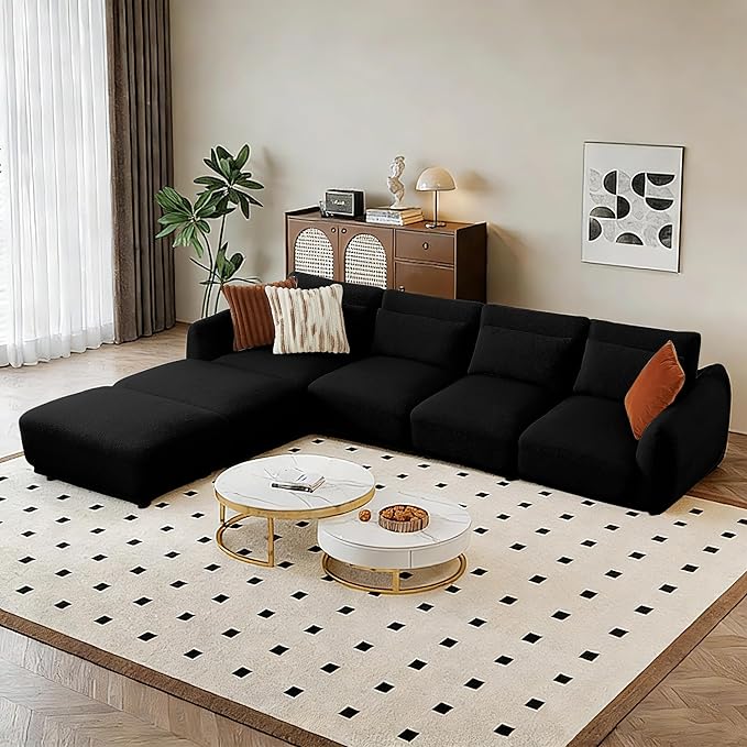 U Shaped Cloud Sectional Convertible L Shaped Couch with Removable OttomansModular Cloud Couch Sectional for Living Room (4 Set + 2 Ottomans - Black)