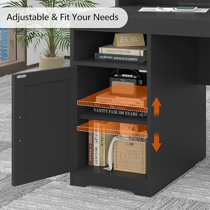 TVU Farmhouse Computer Desk with Drawers 65'' Home Office Desk with Power Outlets Storage Cabinet and Printer Stand Study Writing Desks with Long Monitor Stand Black
