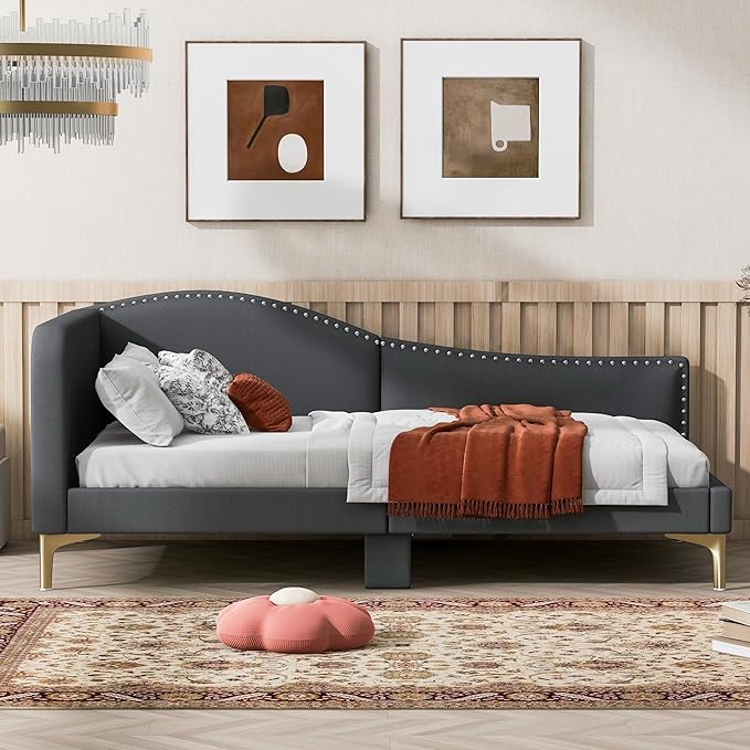 Upholstered Daybed with Headboard and Armrest Linen Fabric Sofa Bed with Sturdy Wood Frame and Support Slats Multi-Functional Bed for Bedroom Living Room and Office (Grey Twin)