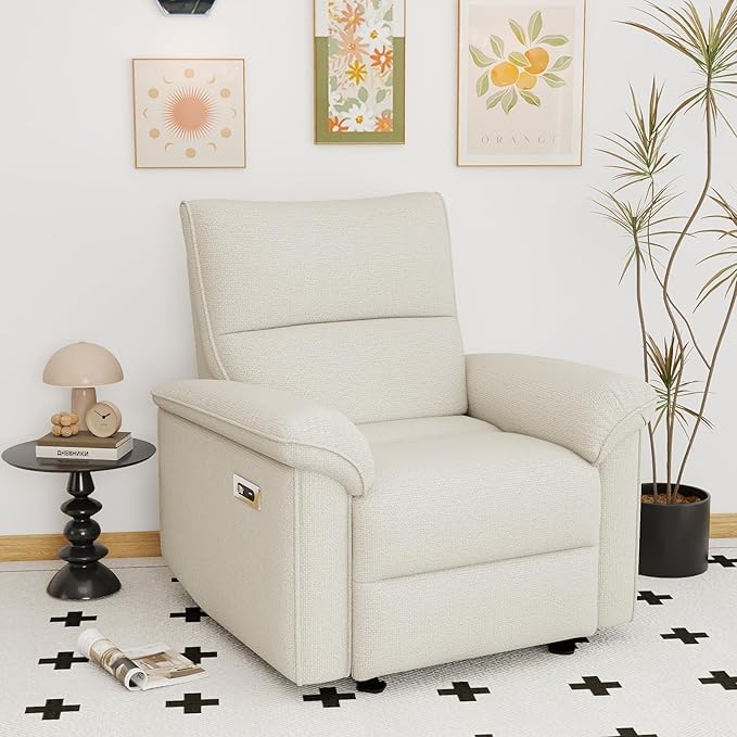 KEIKI Wall Hugger Recliner Chair Zero Wall Electric Recliner Chairs with USB Port Electric Recliner for Living Room Fabric Reclining Armchair for Small Space Beige
