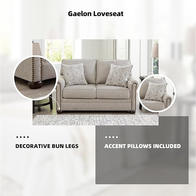 Signature Design by Ashley Gaelon Transitional Loveseat with Nailheads and 2 Accent Pillows Beige