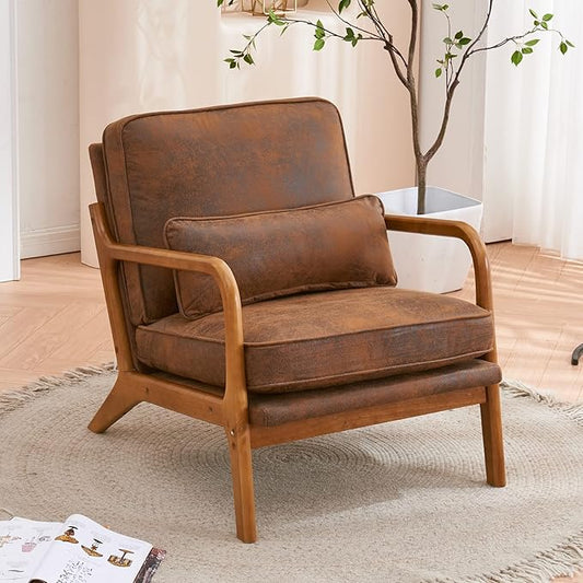 Mid Century Modern Accent Chair with Wood Frame Upholstered Living Room Chairs with Waist CushionLounge Reading Comfy Arm Chair for Living RoomEasy AssemblyRusty