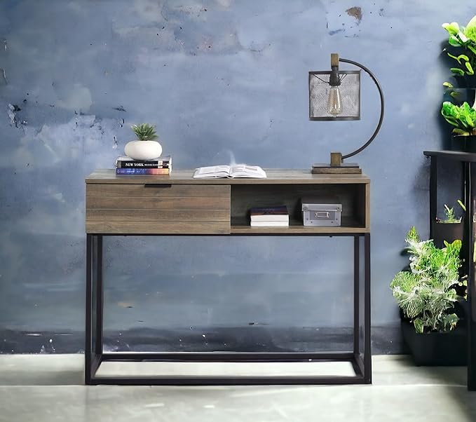 Penau Rustic Oak Writing Desk with Black Metal Legs Compact Home Office Desk Modern Industrial Style Ample Storage Space