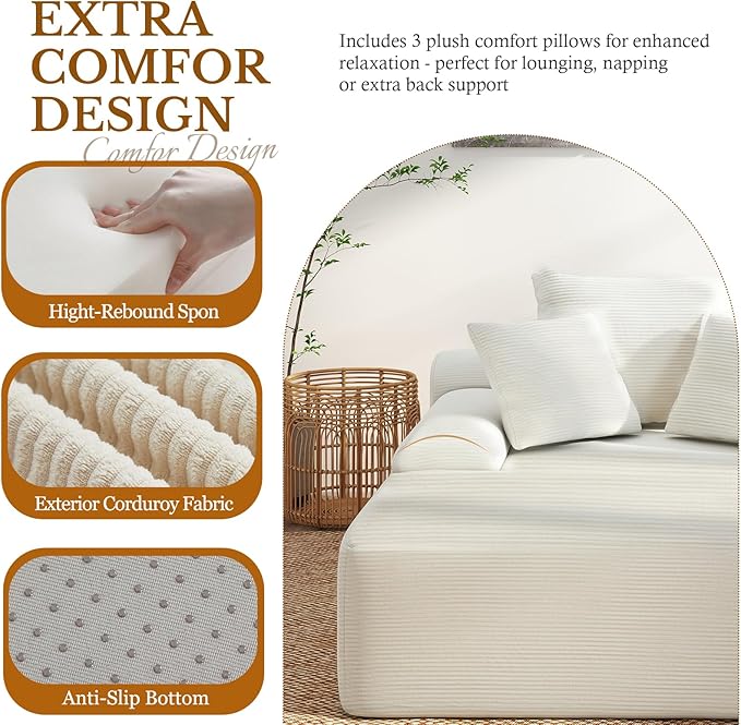 70 Chaise Lounge Chair Indoor Corduroy Upholstered Boneless Sofa Bed Couch with Armrests and 3 Pillows Cloud Sleeper Sofa Chair Couches for Living Room Bedroom No Assembly Required (Beige-70)