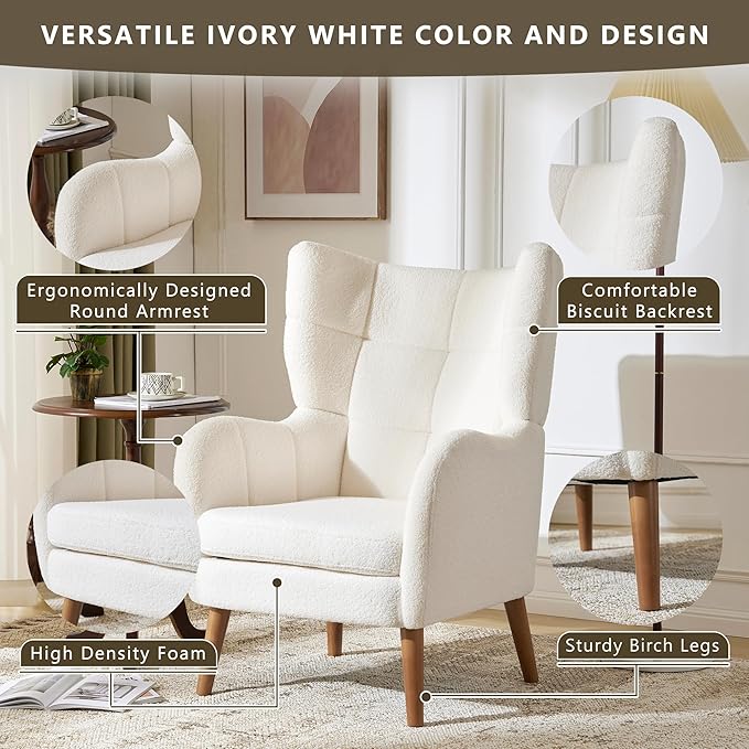 Accent Chair for Bedroom White Boucle Upholstered Armchair - Modern Small Comfy Reading Chair with High Back for Living Room Home Office Dressing Vanity Chair Dressing Room Small Spaces