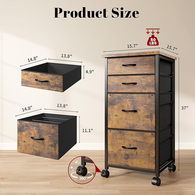 4 Drawers Mobile File Cabinet Vertical Filing Cabinet with Fabric Drawer Fits A4/Letter Size Printer Stand for Home OfficeRustic Brown