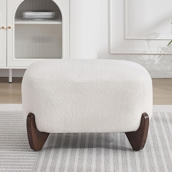 28.7 Sherpa Boucle Ottoman with Solid Wood Legs Modern Upholstered Footstool Comfy Ottoman for Living Room Bedroom White