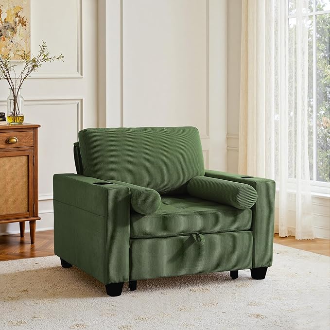 39 Convertible Sleeper Chair Comfy Corduroy Single Sofa Chair with Pull-Out Bed Sleeper Sofa Bed with 3-Levels Adjustable Backrest Side Pocket Cup Holder USB Ports for Living Room Green