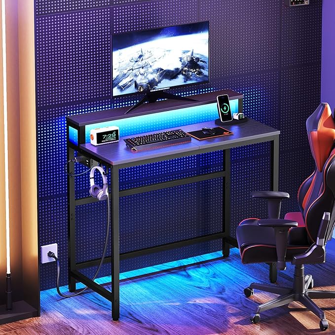 Small Computer Desk with Charging Station and LED Lights Gaming Desk with Monitor Stand 2-Tier Home Office Desk with 4 Side Hooks for Living Room Home Office Black DN01UDBBY2