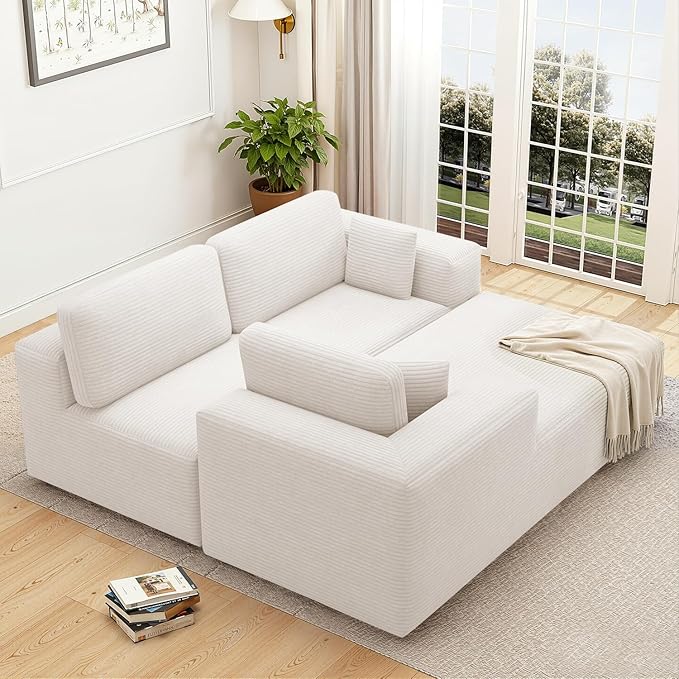 107 Cloud Sectional Couch with Chaise L Shaped Boneless Couch with Deep Seat 3 Seater Corduroy Modular Sectional Sofa for Living Room No Assembly Required （Right Facing Chaise Cream Beige）