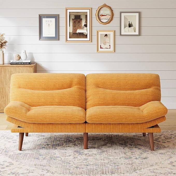 Marsail Futon Sofa Bed 66” Futon Couch with Adjustable Backrest &amp Armrests Convertible Small Sleeper Sofa Bed for Small Apartments Study Room Office Corduroy Loveseat Yellow