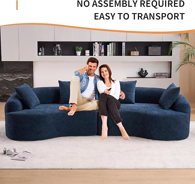 Oversized Sectional Sofa for Living Room 110 Modern Luxury Chenille 4-Seater Extra Deep &amp Wide Seat Curved Cloud Couch with 4 Throw Pillows No Assembly Needed Cream Blue