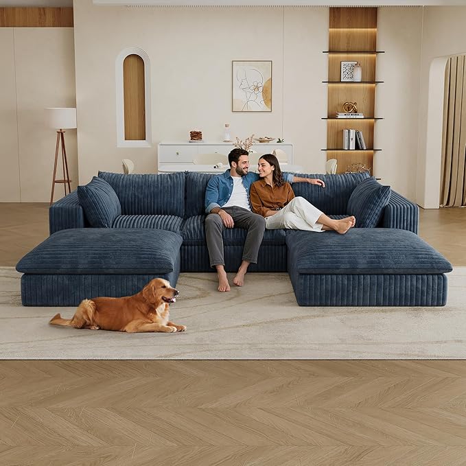 118.2 U Shaped Modular Boneless Sofa with 2 Ottomans Cloud Sectional Couches for Living Room Deep Seat Corduroy Upholstered Couch Furniture Set No Assembly Required (Blue 3 Seater+2 Ottoman)
