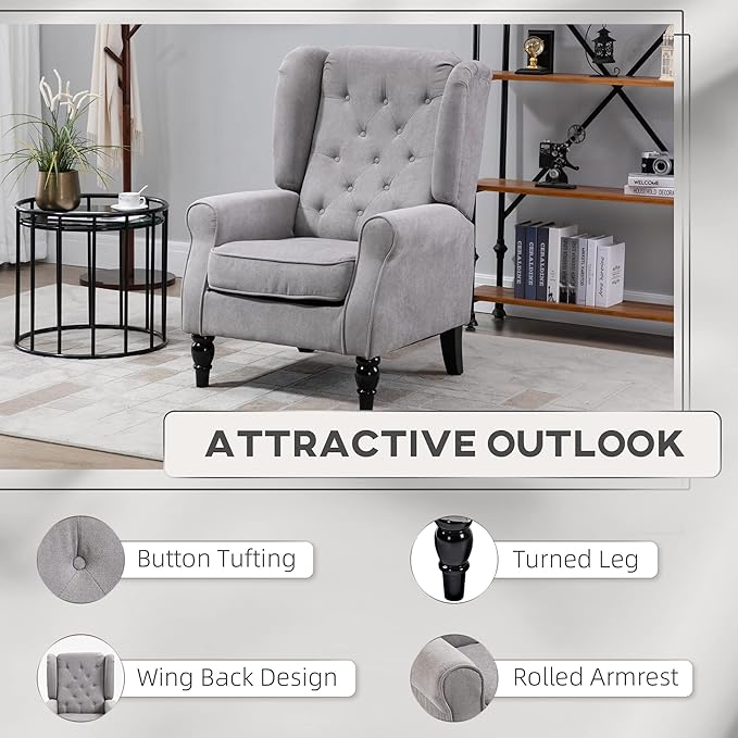 Button Tufted Accent Chair for Living Room Breathable Fabric Diamond-Tufting Thick Padded Seat Modern &amp Traditional Style