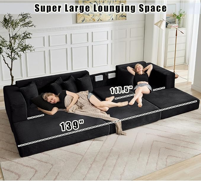 110 L-Shaped Modular Sectional Sofa with Chaise Lounge Corduroy Oversized Convertible Floor Sleeper Sofa Bed with 8 Pillows Modern Deep Seat Boneless Couches (Black 110 + Right Chaise)