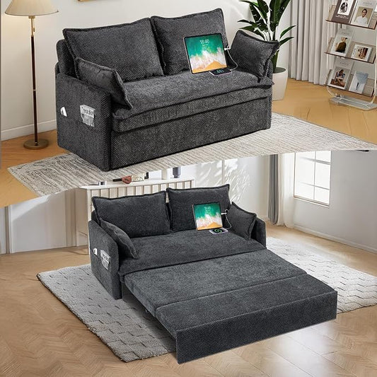 3 in 1 Convertible Sofa Bed-Queen Size Sofa Bed 60'' Corduroy Pull Out Couch with Side Pocket Loveseat Sofa with USB/Type-C Ports Sleeper Sofa Couches for Living Room Apartment (Grey)