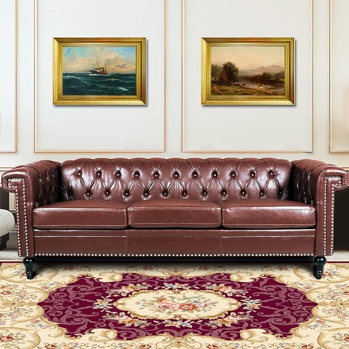 Brown Couches Sofas Chesterfield Sofas for Living Room Deep Seat Comfy 3-Seater Faux Leather Couch Classic Tufted Upholstered Couches for Bedroom Office Easy to Assemble