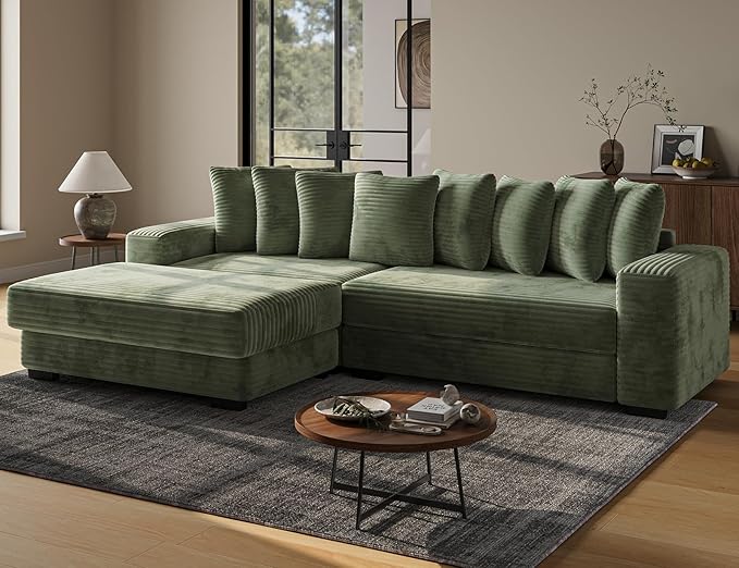 110 Modular Sectional Sofa L Shaped Couch with Chaise Lounge Fluffy Corduroy Cloud Couch with Deep Seat for Living Room (Green)