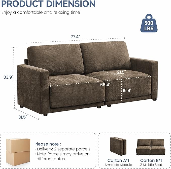 77.4 Oversized Loveseat Couch Upholstered Modular Sectional Sofa with Thick Cushions Love Seat Sofa Chenille Comfy 2 Seater Sofas for Living Room Easy Assembly Brown