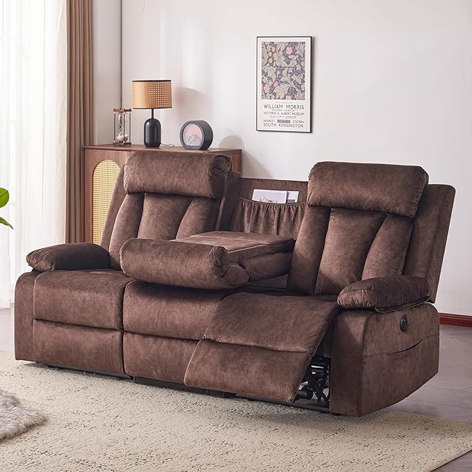Power Reclining Sofa with Heat&ampMassage Reclining Couch with Multi-Function Console/USB Ports/Type C Wall Hugger 3 Seater-Sofa Recliner Reclining Sofa Couch for Living Room