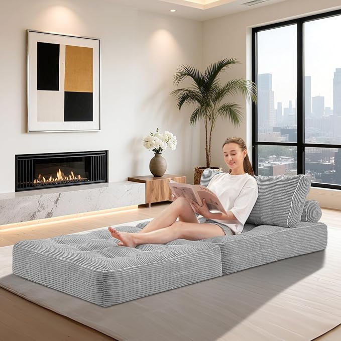 HABUTWAY Folding Sofa Bed Convertible Sleeper Chair Bed w/Dual-Pillow &amp Handle Foldable Floor Sofa Lounge w/Back Support for Living Room Bedroom Apartment Office Single Light Grey