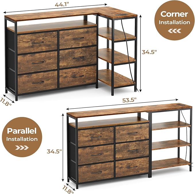 BTHFST TV Stand for Bedroom with Charging Station and LED Lights Entertainment Center for 60 Inch TV with 6 Fabric Drawers TV Console with Open Shelf for Living Room Rustic Brown