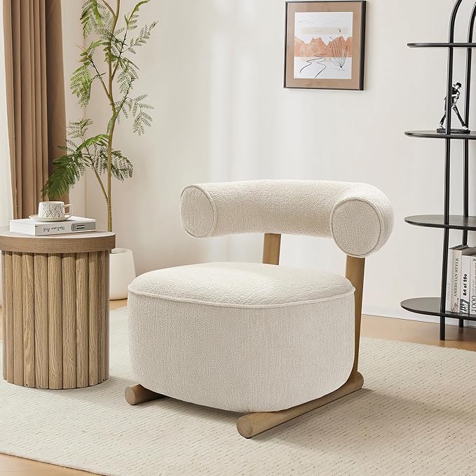 LuxenHome Accent Chair with U-Shape Back Upholstered Cream Modern Barrel Chair with Solid Wood Leg and Frame Club Stylish Armless Chair for Nursery Bedroom Living Room Hotel Office
