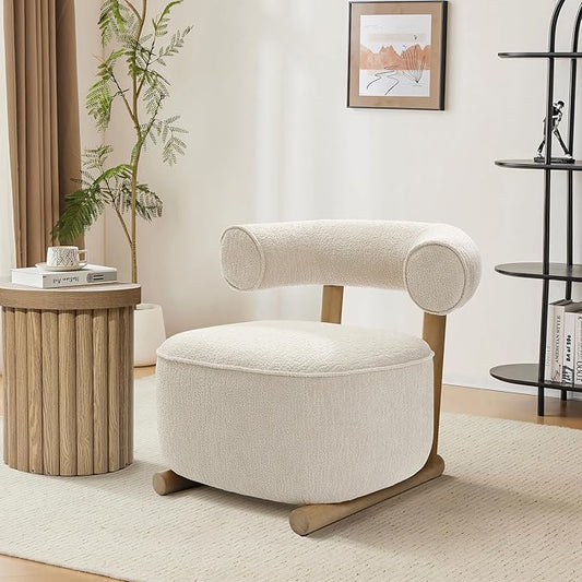 LuxenHome Accent Chair with U-Shape Back Upholstered Cream Modern Barrel Chair with Solid Wood Leg and Frame Club Stylish Armless Chair for Nursery Bedroom Living Room Hotel Office