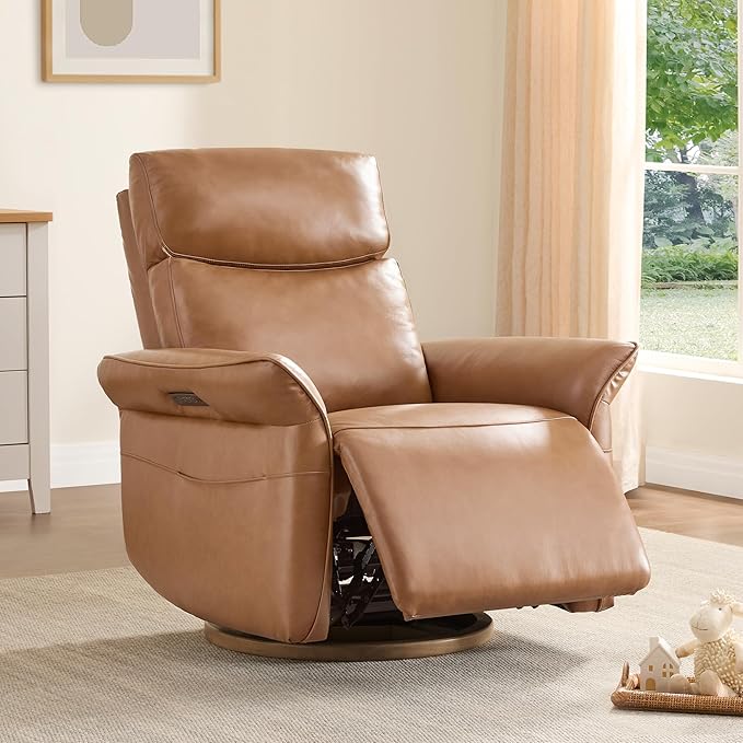 CHITA Genuine Leather Power Recliner Chair Electric Triple-Motor Swivel Glider Nursery Rocking Chair with Adjustable Power Headrest and Lumbar Support GREENGARD Gold Certified Saddle Brown