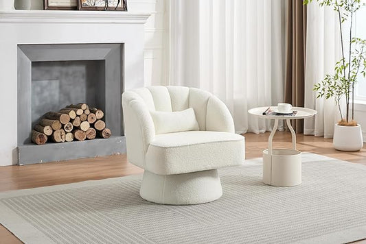 Garvee Ultra-Plush Swivel Accent Chair 360° Barrel Lounge Chair with Cloud-Like Padding &amp Modern Striped Backrest Teddy Fleece Upholstered Round Armchair for Living Bedroom Reading Nook - Beige