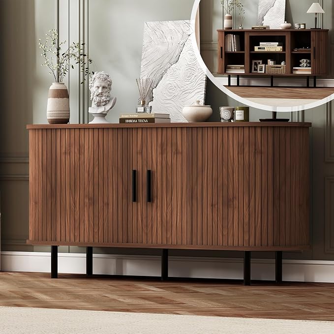 BREEZEHEAT 55'' Mid Century Modern Fluted TV Stand-Curved TV Cabinet with Storage Sliding Doors &amp Adjustable Shelves-Entertainment Center for TVs Up to 65 Inches Walnut Media Console for Living