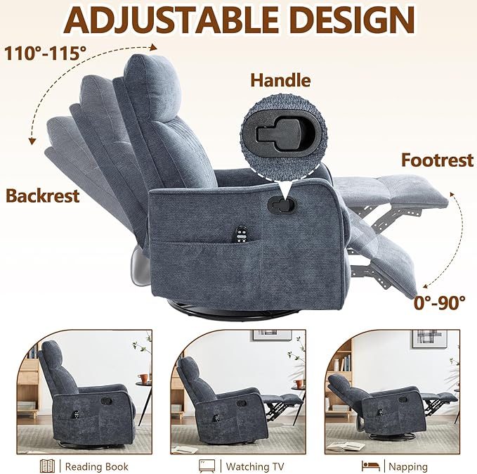 Massage Recliner Chair with Heat Slim Recliners for for Adults Swivel Rocking Chair Recliner with High Back Small Recliner Chair for Small Spaces Living Room Adjustable Footrest (Blue 2)